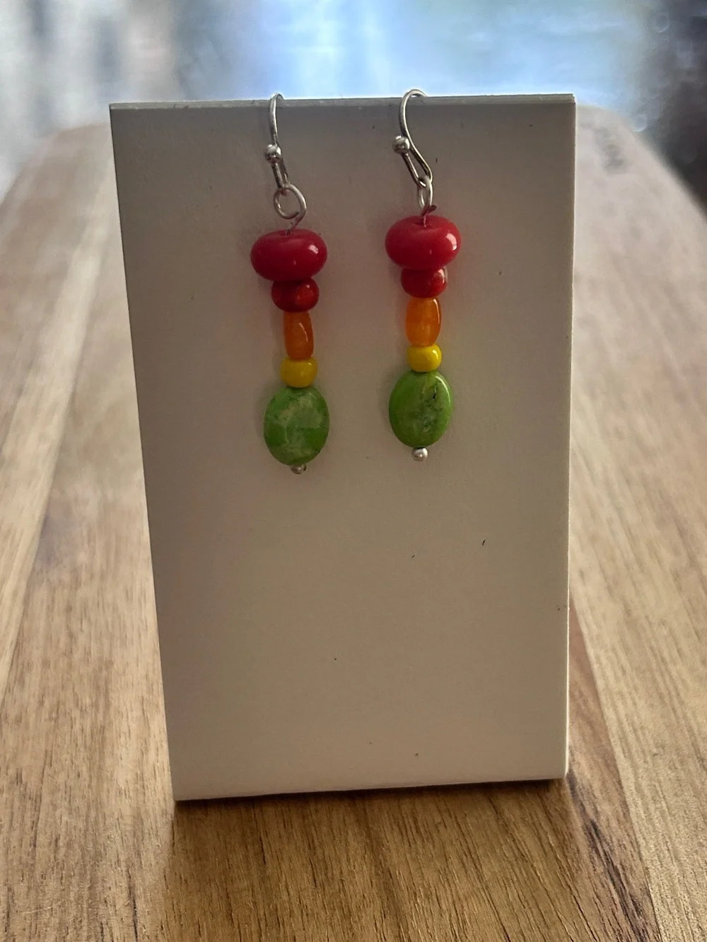 Handcrafted Multicolor Bead Dangle Earrings - Red, Orange, Yellow, Green